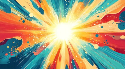 Abstract Painting of a Glowing Light Source with Radiating Lines and Splashes of Color