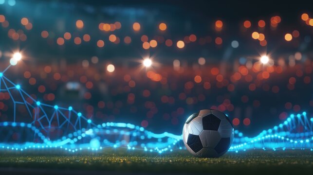 Futuristic Soccer Ball on Stadium Field with Digital Network and Clusters of Lights.