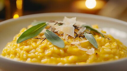 risotto, dynia, szałwia, kremowe, elegancja, ser, parmezan, trufla, oliwa, delikatność, fine dining, jesień, ciepłe, talerz, danie, restauracja, luksus, świeżość, garnir, zioła, tekstura, dekoracja, 