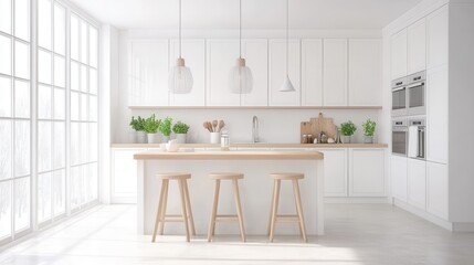 A bright and airy kitchen featuring white cabinets and light wood accents