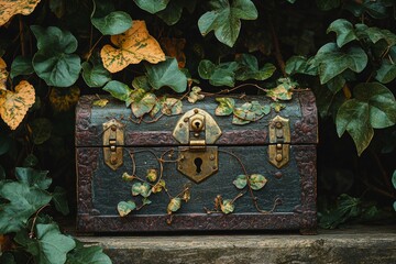 A locked treasure chest with vines growing around it, showing guarded emotions or thoughts. 