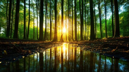 Tranquil Eco-Friendly Forest Scene with Sunlight and Stream Reflection