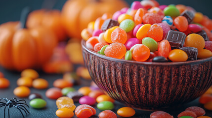 Festive colorful background with lots of sweets for Halloween.