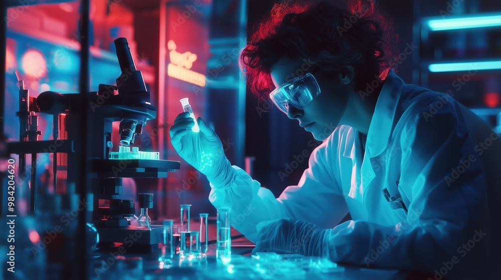 Poster biohacking scientist injecting glowing substance in futuristic home lab with advanced equipment and 
