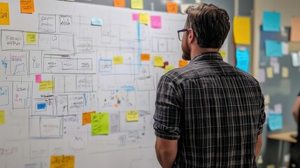 Corporate Storyteller Crafting Company Narrative on Giant Whiteboard with Storyboard Sketches and Post-it Notes
