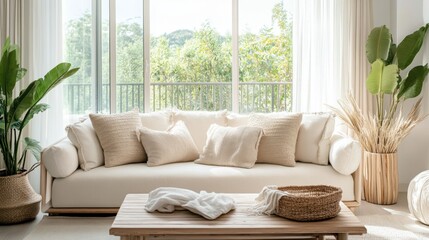 Fototapeta premium A bright and airy living room with a soft cream sofa and textured pillows, leading to a sunny
