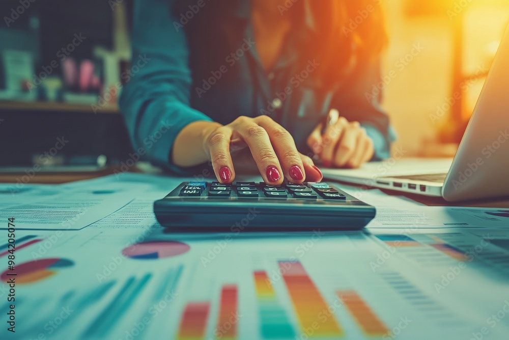 Poster close up of a person using a calculator to analyze financial data