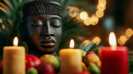 Kwanzaa altar with unity cup, candles, fruits, and an African mask, bathed in warm light and surrounded by family members 