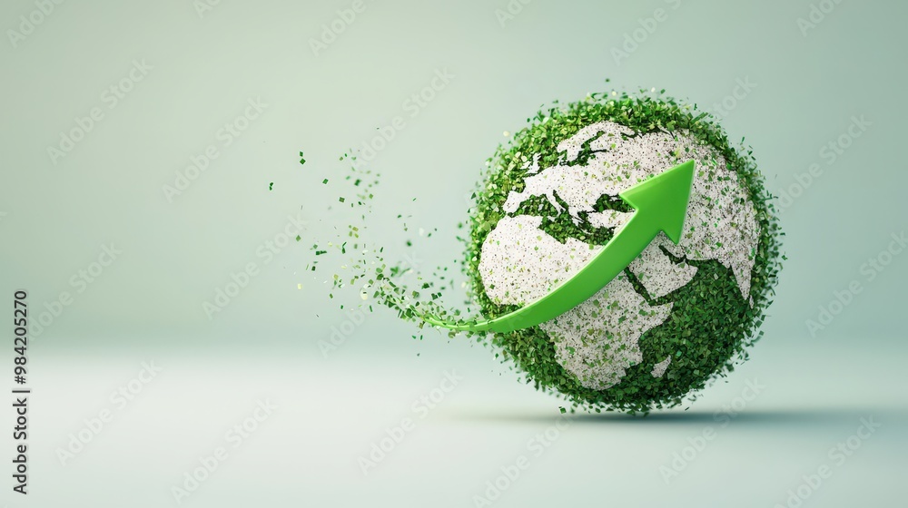 Poster a green arrow looping backwards around a globe, representing global reverse logistics.