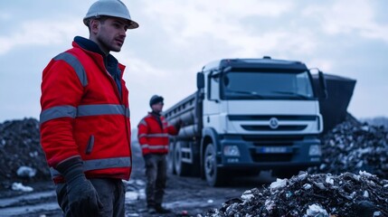 Large trucks unloading mixed waste materials at the entrance of a processing plant, workers guiding them, piles of waste nearby 