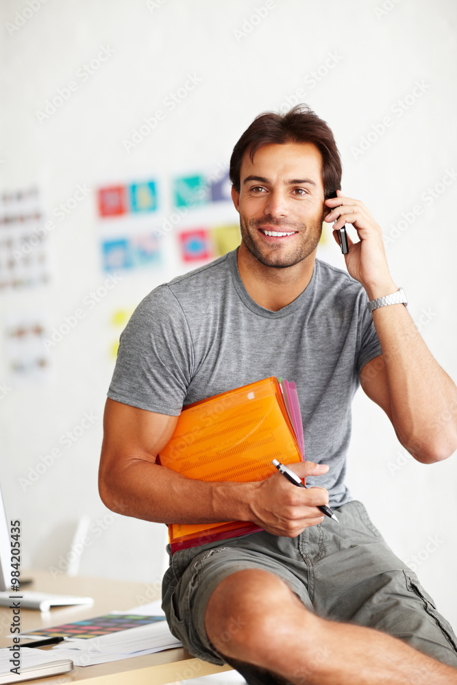 Canvas Prints Smile, phone call and man with folder in office for research on startup business with recreation program. Happy, documents and male sports administrator with funding paperwork for planning event.