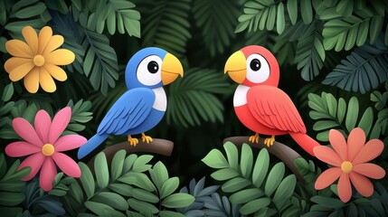 Obraz premium Colorful Birds in Tropical Foliage Illustration