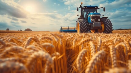 A blue tractor riding on the wheat field. Generative AI.
