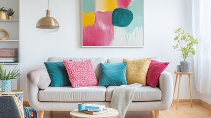 A bright and cheerful living room featuring a light gray sofa adorned with round and square pillows