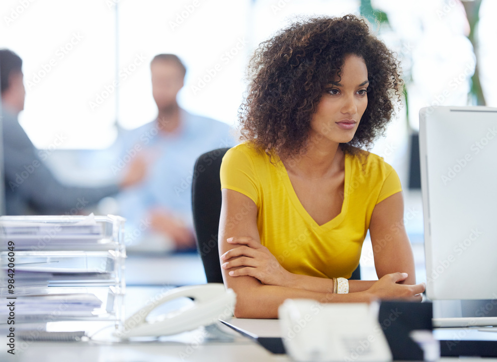 Poster office, businesswoman and thinking with computer for solution, page update and online information. c