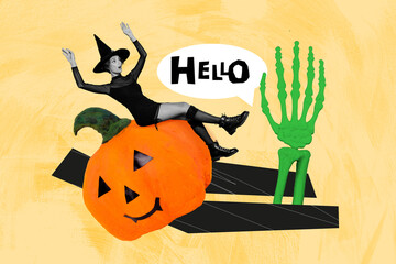 Composite trend artwork collage of halloween autumn season spooky creepy day young lady witch sit...