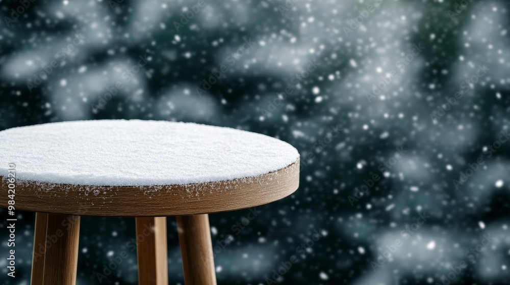 Wall mural Light snow falling on a small wooden table, creating a soft winter wonderland scene, space for text 