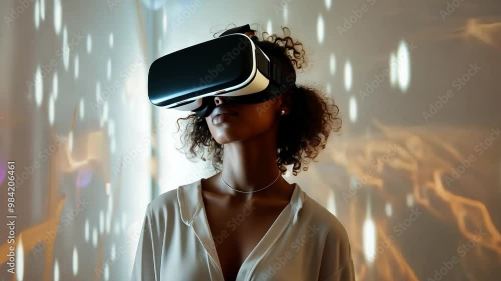 Fototapete a person with curly hair experiences virtual reality by wearing goggles in a vibrant indoor space. t