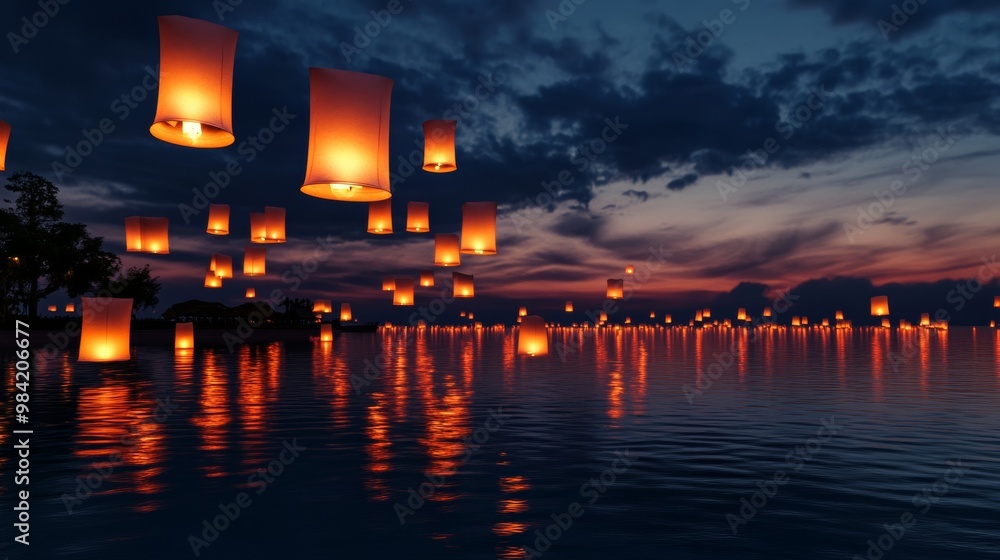 Poster Loy Krathong festival scene with floating lanterns rising into the night sky, reflecting on the water below, amidst joyful celebrations 