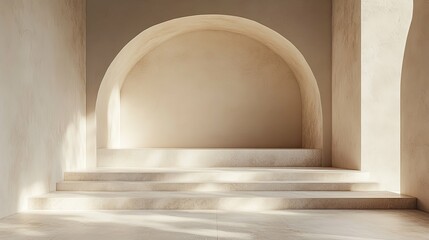 Minimalist Architectural Interior with Arched Niche and Stone Steps