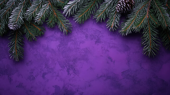 Aesthetic purple christmas background with fresh dark green fir branches, copy space. Generative AI
