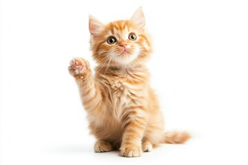 Cute Ginger Kitten Raising Paw Against White Background