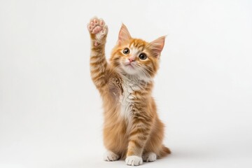 Ginger Kitten Raising Paw in Playful Greeting
