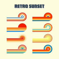 Horizontal vintage sunsets. Various colorful striped sunrise badges in 80s and 90s style. Sun and ocean view, summer vibes, surfing. Design element, print, logo or t-shirt. Vector illustration