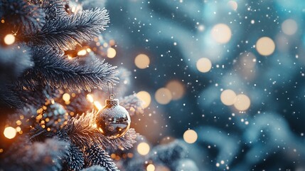 Fototapeta premium A serene close-up of a decorated Christmas tree with snow and soft lighting.