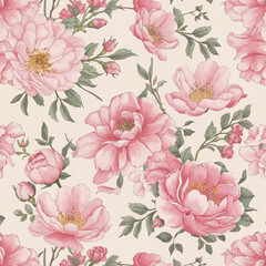 Seamless Pink Floral Pattern with Cherry Blossoms, Peonies, and Roses