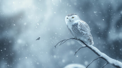 Snowy Owl Perched on a Branch in a Snowstorm: Silent Vigil in the Wild