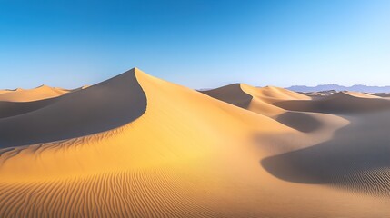 A serene desert landscape with undulating sand dunes under a clear blue sky.