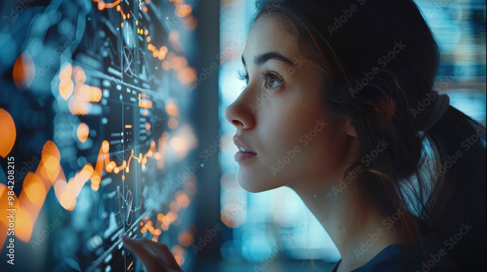 Poster businesswoman analyzing ai data streams on screens, control panel of a global trading system on the 