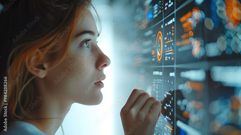 Aufkleber Businesswoman analyzing AI data streams on screens, control panel of a global trading system on the blockchain. Generative AI.