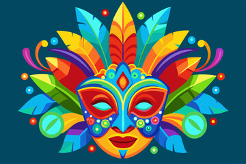 A vibrant and colorful festival mask with intricate details, adorned with feathers in bright orange, blue, green, and red tones. Brazil carnival masks vector art illustration 