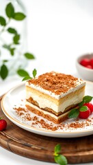 A piece of Traditional Italian dessert Tiramisu with berries