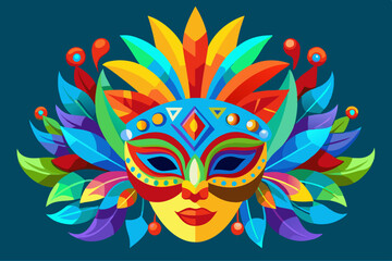 A vibrant and colorful festival mask with intricate details, adorned with feathers in bright orange, blue, green, and red tones. Brazil carnival masks vector art illustration 