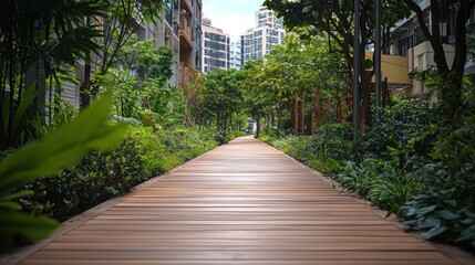 A wooden pedestrian pathway through a dense urban area, providing a calm, nature-inspired route for city dwellers
