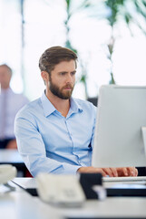 Office, businessman and thinking with computer for typing, page update and online information....