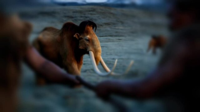 A prehistoric man faces off with a massive woolly mammoth in a barren, icy landscape, holding a primitive spear, symbolizing the survival and struggle of early humans in the Ice Age.