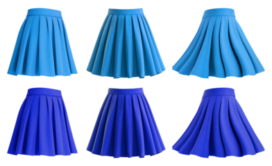  2 Set of dark light blue short mini pleated A-line textured tennis flowy flare skirt, front side twirl on transparent cutout, PNG file. Many different angle. Mockup template for artwork design