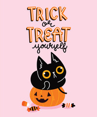 Cute hand drawn black cat sitting in pumpkin basket with candies. Funny Halloween greeting card template with cartoon black cat and Trick or treat lettering. Happy Halloween vector Illustration
