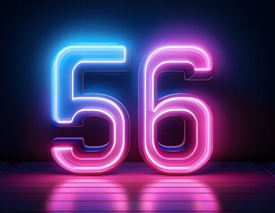 3d neon light number 56 glowing in the dark, pink blue neon light	