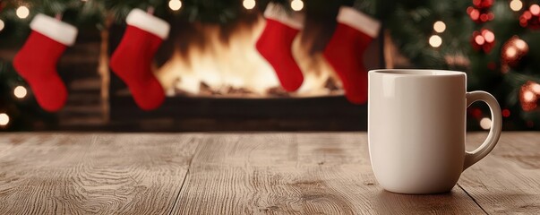 Coffee cup on a wooden table with a background of Christmas stockings hanging by the fireplace, surrounded by festive garlands, 3D illustration
