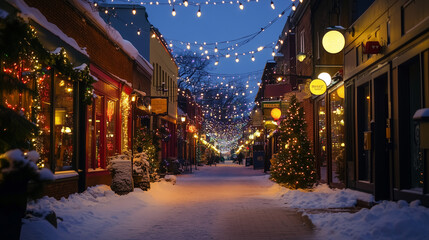 Naklejka premium Winter Street in a Small Town with Festive Lights: A Glow of Celebration