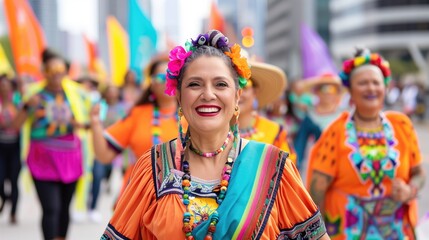 Obraz premium Smiling Woman in Colorful Traditional Outfit at Street Festival