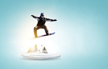 Snowboarder and Alps landscape. Mixed media