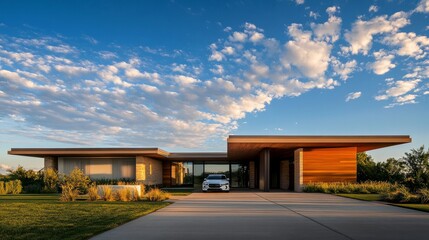 Obraz premium A modern home with a flat roof, a car parked in the driveway, and a cloud-filled, clear blue sky.