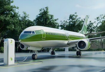 Eco friendly airplane at the airport charging station. sustainable transportation concept.