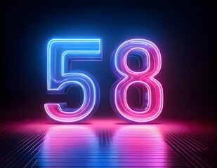 3d neon light number 58 glowing in the dark, pink blue neon light	